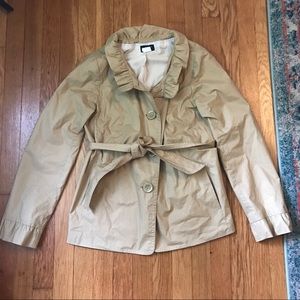 JCrew tan belted jacket w/ ruffle collar 6